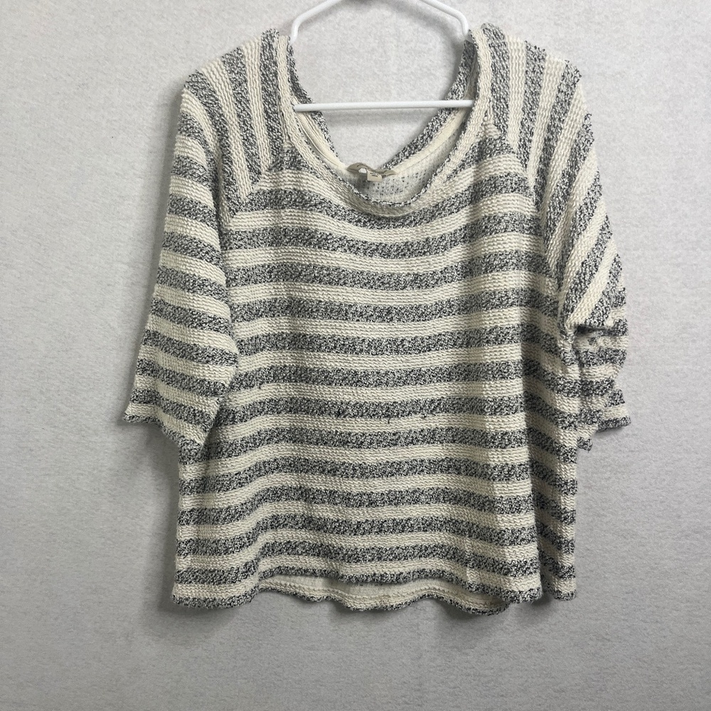 Lucky Brand Striped Knit Top Cream Gray Textured Short Sleeve Sweater Size Large